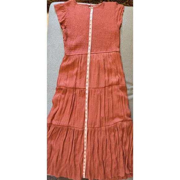 Coral Medium Flutter Sleeve Smocked Midi Dress Womens Casual Tiered Gauze - Picture 11 of 11